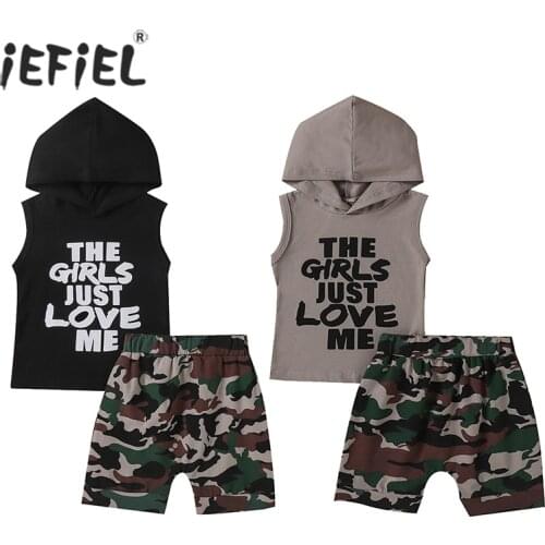 Summer Toddler Kids Boys Sleeveless Hoodie T-shirt Top+Camo Short Pants 2Pcs Outfits Set Sports Sunsuit Children Clothing 1-3Y