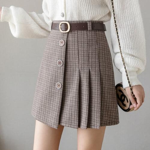 Fashion Plaid Woolen Skirt Fall Winter High Waist Mini Skirts For Women With Belt Short Mujer Faldas Harajuku Punk Japanese Saia