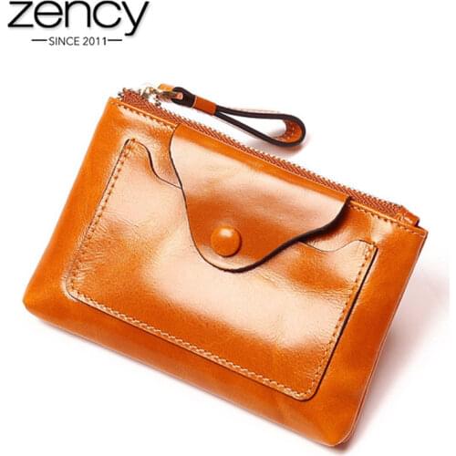 Zency 100% Genuine Leather Fashion Brown Women Short Wallet Hasp Zipper Luxury Coin Purse Card Holder Passcard Pocket Black