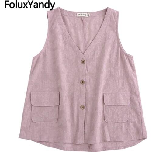 Casual Summer Vest Plus Size Women Sleeveless Outerwear Cotton V-neck Vest Single Breasted Coats KKFY5581