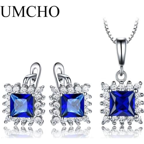 UMCHO 925 Sterling Silver Gemstone Sets Wedding Party Gift Blue Stone Pendant Necklace Earrings Set For Women Fine Jewelry Set