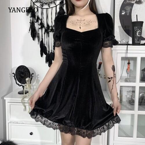 Dark Design Suede Square Collar Lace Bubble Sleeve Dress Autumn and Winter New Solid Color Skirt Gothic Sexy Womens Dresses