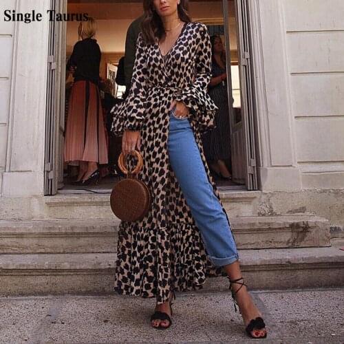 2021 Summer Leopard Pring Long T Shirt for Women Fashion Streetwear Long Flare Sleeve Lace Up Bandage Waist Dress Lady