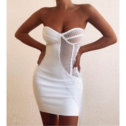 Women Spring Sexy Strapless Backless Crystal Diamonds White Mini Bodycon Bandage Dress 2021 Elegant Evening Party Dress Vestidos