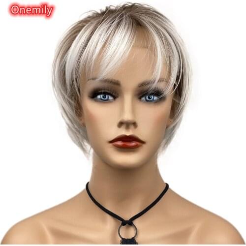 Onemily Lace Front Short Straight Ombre White Natural Hair Wig Women Girls Daily Dating Costume Party Wigs