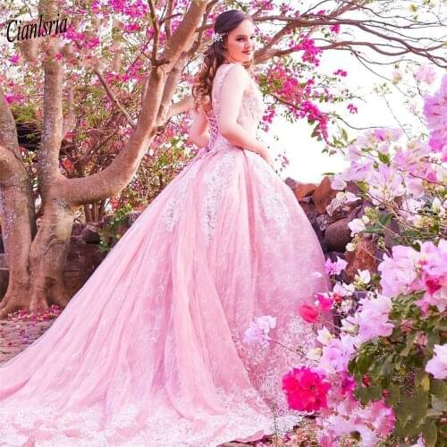 Pink Illusion Cap Sleeve Appliques Lace Ball Gown Quinceanera Dress Beading Crystal Lace Up Back Sweet 15 Prom Party Dresses