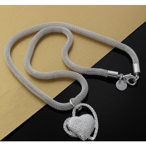 Hot fashion fine romantic Frosted Double Heart Pendant 925 Sterling Silver Necklace For Women party charms Jewelry Holiday gifts