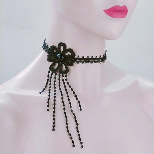 Black Lace Flower Necklace Women Fashion Vintage Goth Aesthetic Tassel Choker Chain Hallowmas Party Jewelry Initial Charm Gift