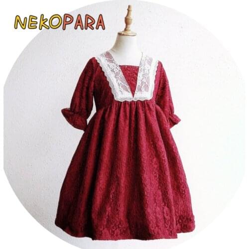 Vintage Palace Lolita Style Dark Red Half Sleeve Dress Womens Fine Lace Flower Hollow Out One Pice Cute