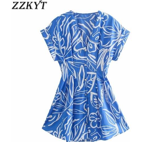 ZZKYT 2021 Women Summer Vintage Chic Print Single Breasted Mini Dress Fashion V Neck Short Sleeve Party Female Dresses Vestidos
