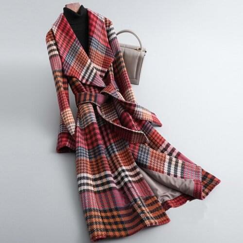 Winter New Arrival Women Warm Wool Coat Plaid Belted Blends Outwear Female Korean Slim Office Long Woolen Coat veste longue