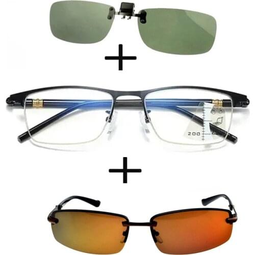 3Pcs!!!rectangular Metal Black Business Reading Glasses Men Women + Polarized Sunglasses Sports Driving + Sunglasses Clip