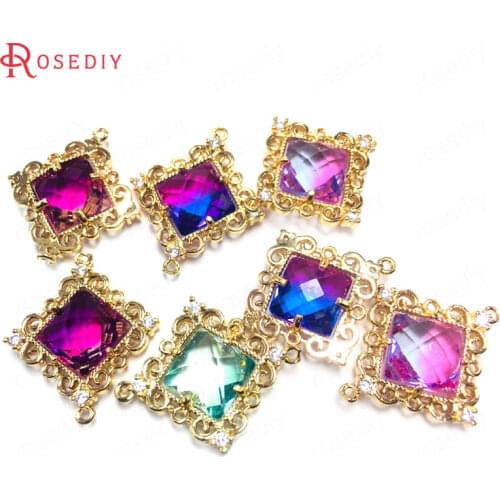 38630)6PCS Glass 10x10MM 24KChampagne Gold Color Brass and Glass 2 Holes Square Connect Charms Pendants Jewelry Diy Accessories