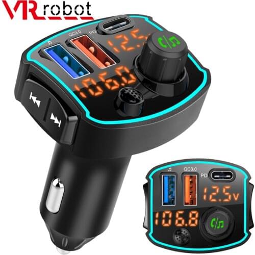 VR robot FM Transmitter Bluetooth 5.0 Car MP3 Player Wireless Handsfree Car Kit with Type-c PD QC3.0 Quick Charge Support Siri