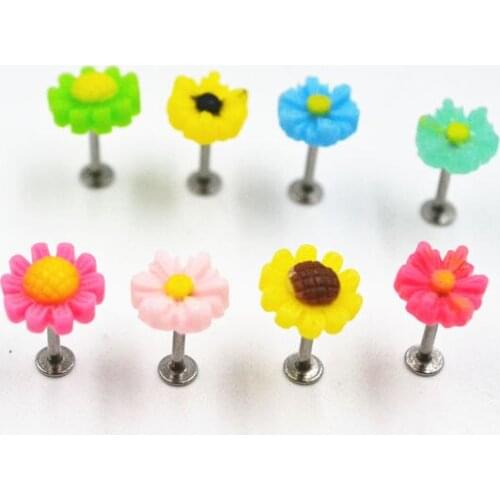 Free shippment LOT50pcs Body Jewelry -16g Flowers Lip Labret Ring Bar Lip Piercing Helix Bar Barbells Cartilage Piercing 16G