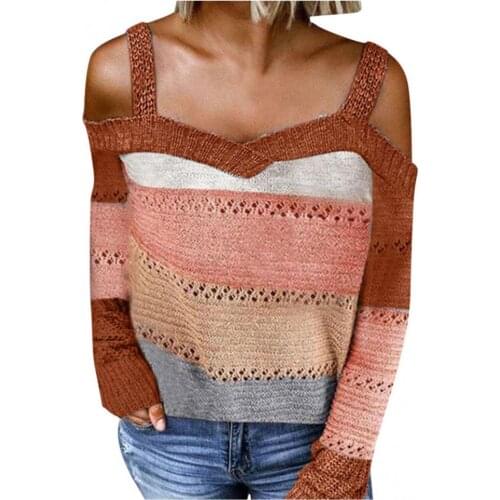Ele-Choices Sexy Women Long Sleeve Cold Shoulder Knitted Sweater Strappy Pullover Jumper