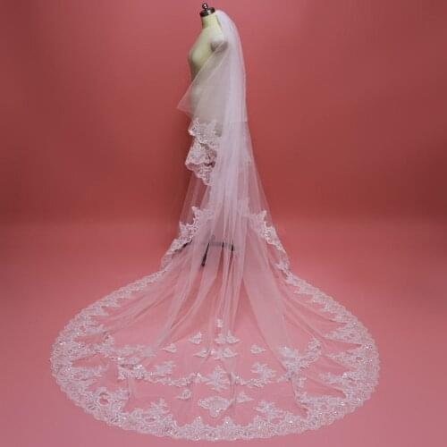 Real Photos Bling Sequins Lace Wedding Veil for Bride Cathedral Bridal Veil with Comb High Quality White Ivory 3 M Long Veil