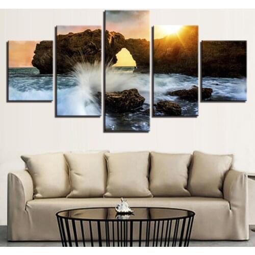 Canvas Painting Rocky Beach with sunset 5 Piece Wallpapers Art Canvas Print Poster Modular art painting Home Decor Framework