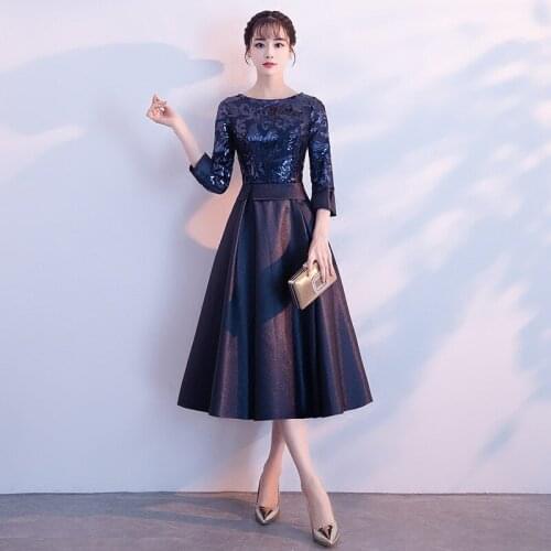 Chinoise Fashion Sequin Long Cheongsam Blue Evening Dresses Qi Pao Women Chinese Traditional Clothing Dress Qipao Host Gown