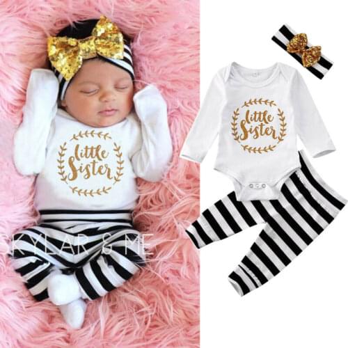 0-12 Months Newborn Girls 3pcs Outfits Litter Sister Letter Baby Girl Rompers Jumpsuit Striped Pants Baby Girls Clothing Set
