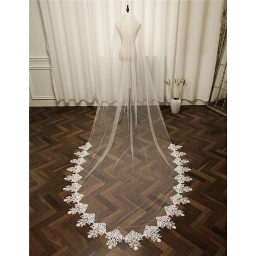 Popodion Lace Long Tail Bridal Veil 3.5m Wedding Vail Long Metal Hair Comb for the Bride Accessories ROM80269