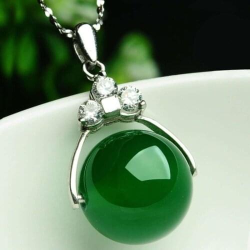 Natural Green Jade Chalcedony Round Agate Pendant 925 Silver Necklace Chinese Carved Charm Jewelry Fashion Amulet for Women Gift
