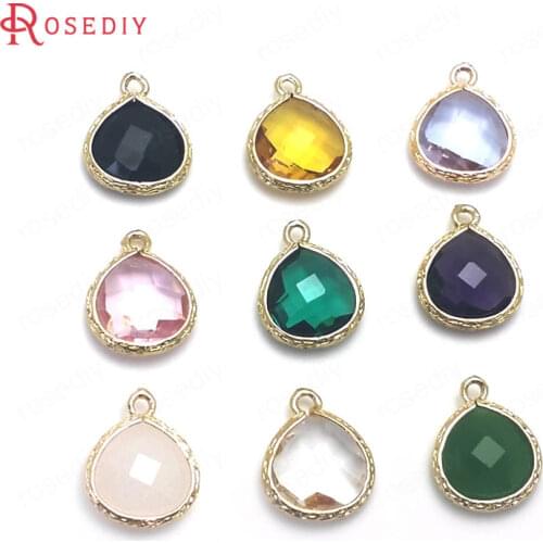 10PCS 17x14MM 24K Champagne Gold Color Brass and Glass Drop Shape Charms Pendants Diy Jewelry Findings Accessories