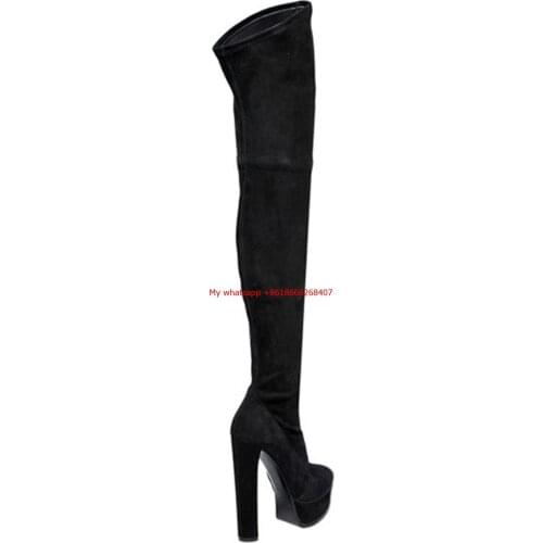 Fashion Style Over the Knee Boots for Women Shoes Pointed Toe Pleated Suede High Heels Long Thigh High Boots Black