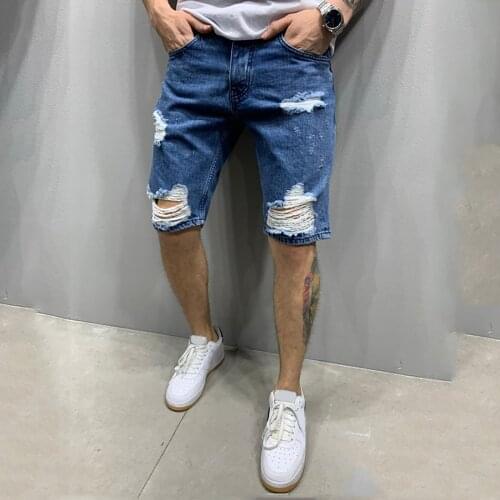Mens Ripped Jeans Shorts Zipper Pocket Denim Pants Man Fashion Multi-pocket Workwear Cargo Shorts 2021 New