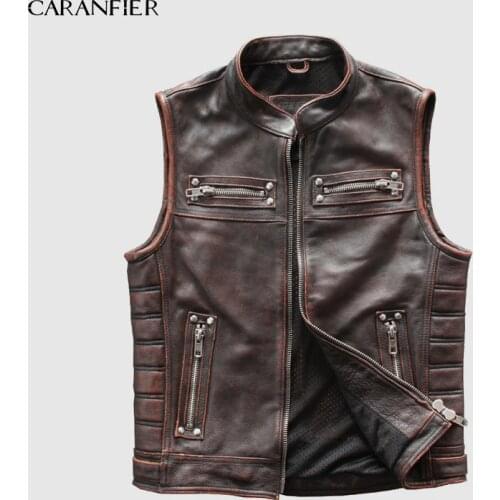 CARANFIER Retro Mens Cowhide Vests Brand Angel Motorcycle Biker Sleeveless Jacket Male Genuine Leather Vests DHL Free Shipping