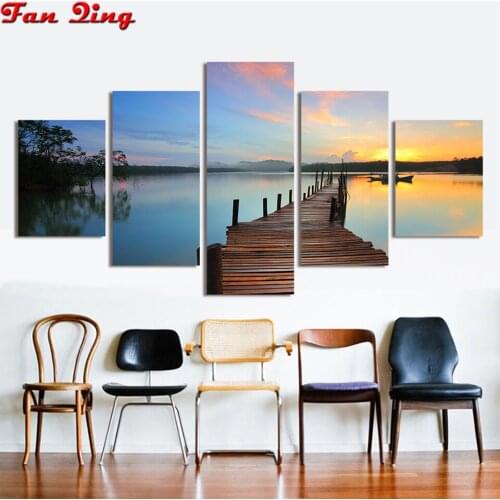 5pcs Diamond Painting Lake sunset Bridge Scenery Full Square/Round Diamond Embroidery Cross Stitch Holiday Gift