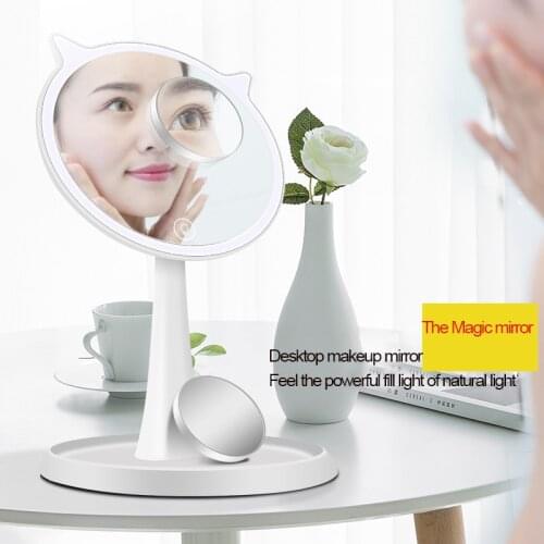 Desktop Makeup Mirror with Light Fill Light Cute Pet Cat Cute 10 Times Magnification Princess Desktop Mirror Led Small Mirror