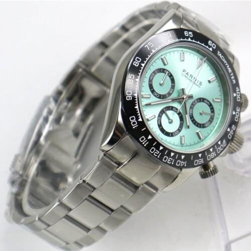 New arrive 39mm PARNIS Light blue dial quartz mens watch solid case full Chronograph