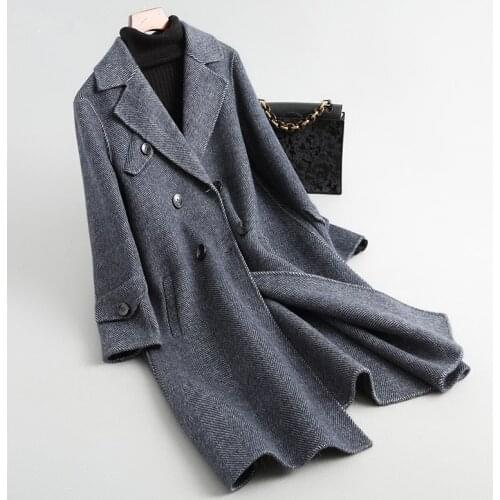 2020 New Elegant Long Wool Coat Female Autumn Winter Alpaca Korean Casual Ladies Print Jacket Coats Women Abrigos 38044