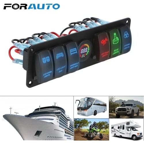 12-24V 6 Gang Rocker Switch Panel for RV Car Marine Circuit Breaker LED Voltage Display Waterproof On-Off Outlet Combination