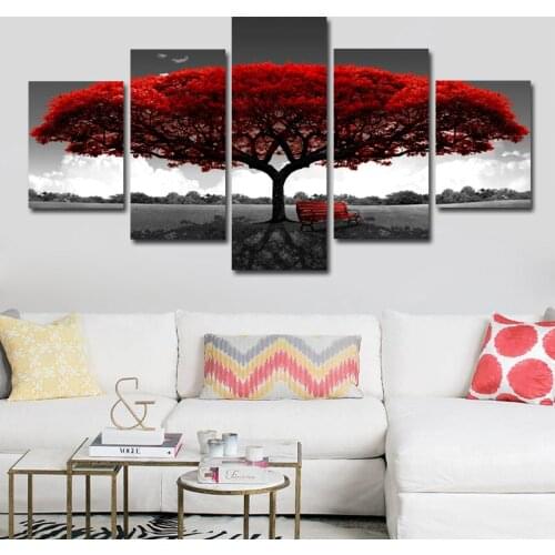 Printed Poster Modular Pictures 5 Panels Abstract Red Tree Canvas Paintings Landscape Home Decor Modern For Living Room Wall Art