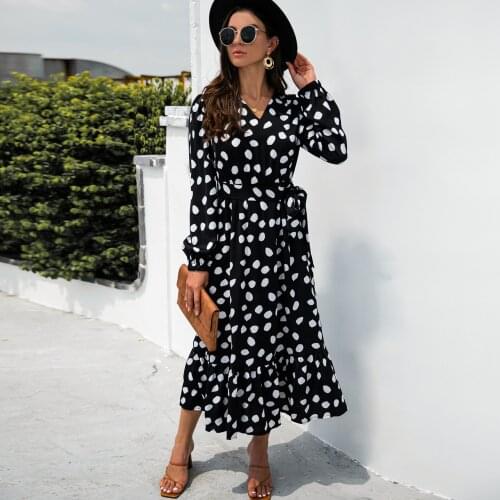 Autumn Maxi Dress 2021 Sexy V Neck Long Sleeve Ruffle Hem Split Robe Vintage Polka Dot Printed Bandage Bohemian Dresses Vestidos