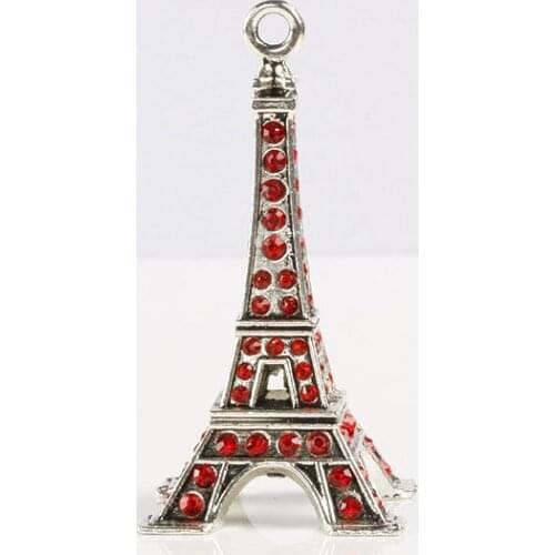 Silver Color Eiffel Tower Shaped Pendant Red Rhinestone Charms For Jewelry Making DIY Necklace Accessories