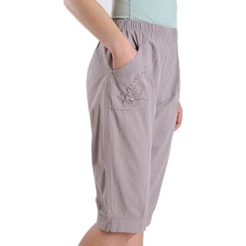 Plus Size Middle Aged Women Capris Pants Summer Elastic High Waist Straight Cotton Solid Color Loose Calf Length Pants