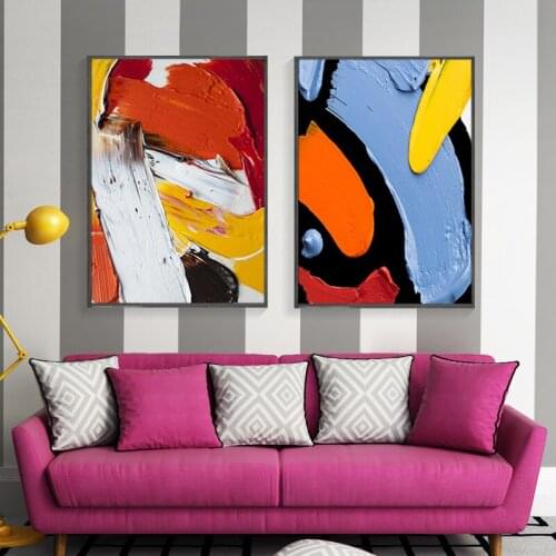 Luxury Creative Abstract Scenery Geometry Yellow Red Black Orange Color Block Canvas Painting Wall Picture Poster Room Decor