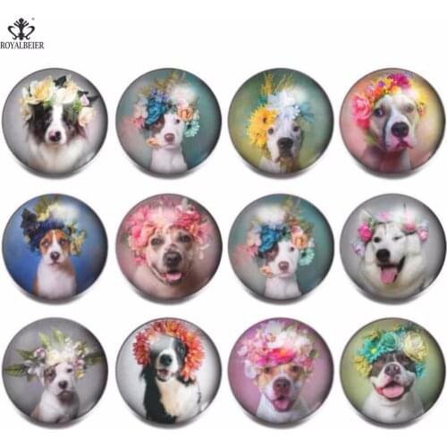 RoyalBeier 12Pcs/lot Lovely Dog Snap Button Cute 18mm Panda Snap Buttons Glass Charms For Snap Bracelet DIY Snap Jewelry