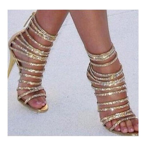 Gladiator Women Sandals Crystal Flock Thin High Heels Shoes Fashion Summer Rhinestone Party Ladies Pumps