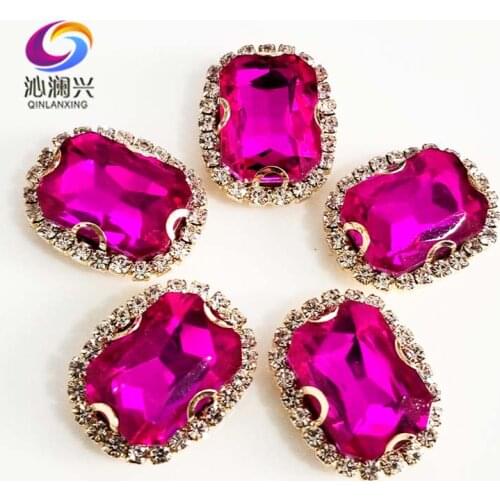 Gold bottom Rectangle shape Rose red top quality glass crystal buckle,sew on rhinestones for diy jewelry accessories SWCBG09