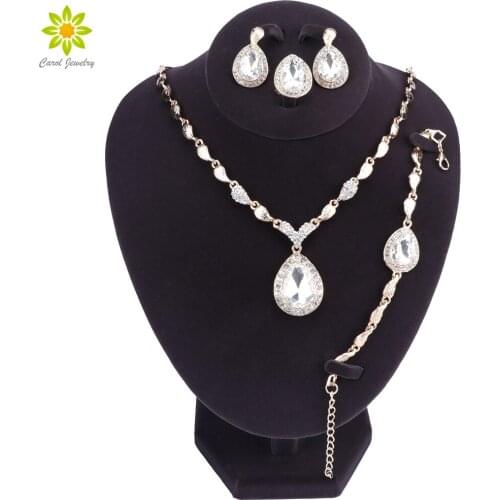 Wedding Jewelry Set African Gold-color Jewelry White Crystal Water Drop Pendant Necklace Women Earrings Bracelet Ring