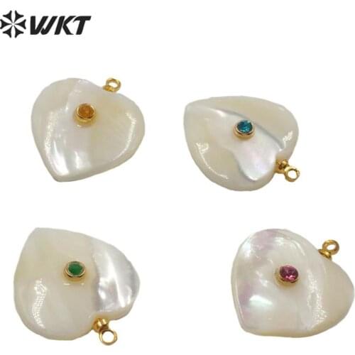 WT-JP209 WKT Romantic Heart Natural Shell With CZ Charm Pendant Gold Electroplated Shell Pendant For Women Necklace Making