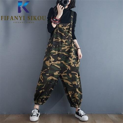 Denim Jumpsuit Women Spring Summer Fashion Camouflage Suspenders Jeans Pocket Loose Plus Size High Waist Denim Overalls Female