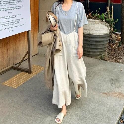 Johnature New Vintage Japanese Linen Solid Color Women Jumpsuits 2021 Summer Sleeveless Wide Leg Pockets Bodysuits