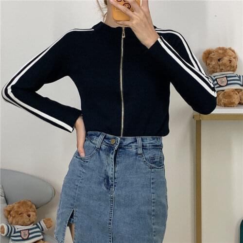 Woman Sweaters Cardigan Striped Long-Sleeved T-shirt Womens Knitted Fashionable Cardigan Sexy Slim-Fit Short Midriff-Baring Top