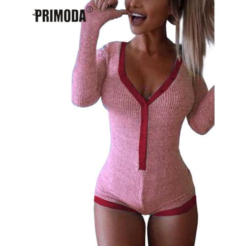 2020 New Casual Bodysuits Women Patchwork Rompers Lady V Neck Long Sleeve Bodycon Body Buttons Shorts Knitted Cotton Pink Gray
