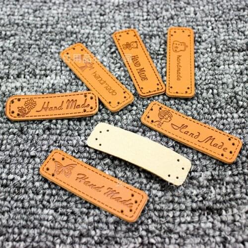 20PCS English Hand Made Labels for Clothes PU Leather Tags Handmade Labels DIY Jeans Bags Shoes Sewing Accessories